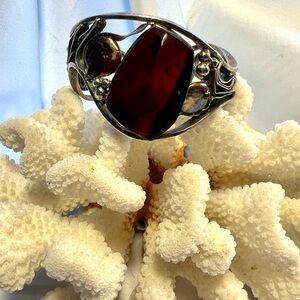 Vintage Art Nouveau cuff bracelet, Baltic red amber/ Baroque pearl accent/KB 925